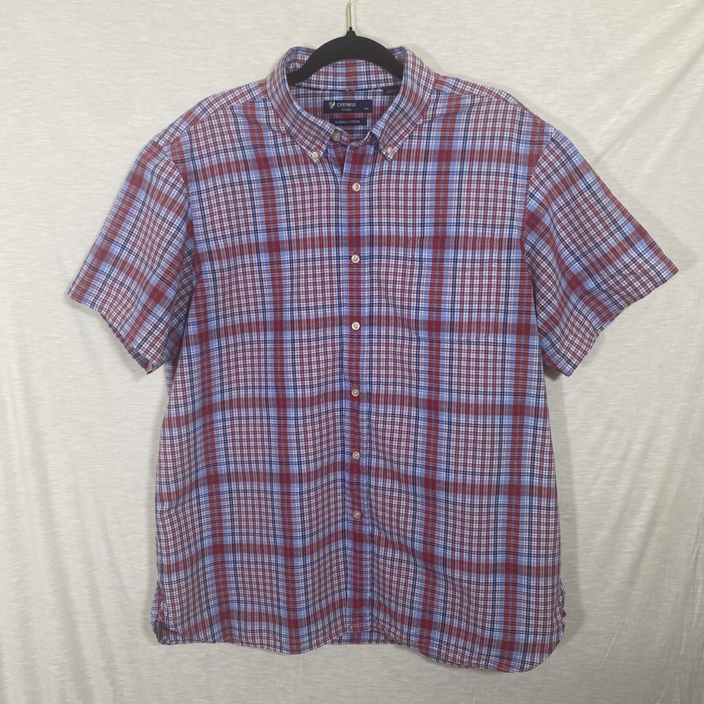 Cremieux Classics Men's Shirt XL Red Blue SS Button Down Plaid‎ Supima Cotton